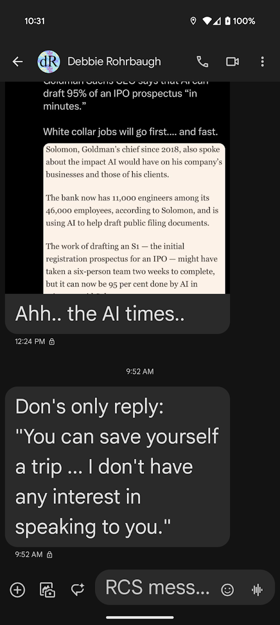 Phone screenshot in which Deb reports Don's response after being informed of the revocation